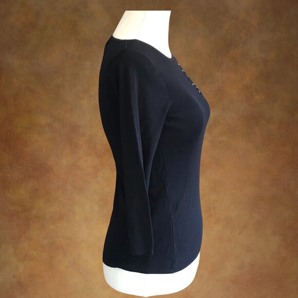 Attitude Knit Black Medium Top – Beaded Floral Sequin Detail, 3/4 Sleeve - Picture 5 of 10